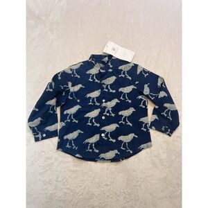 Anokhi Koki Toddler 1Y Cotton Block Print Button Down Shirt Bird Indigo Blue